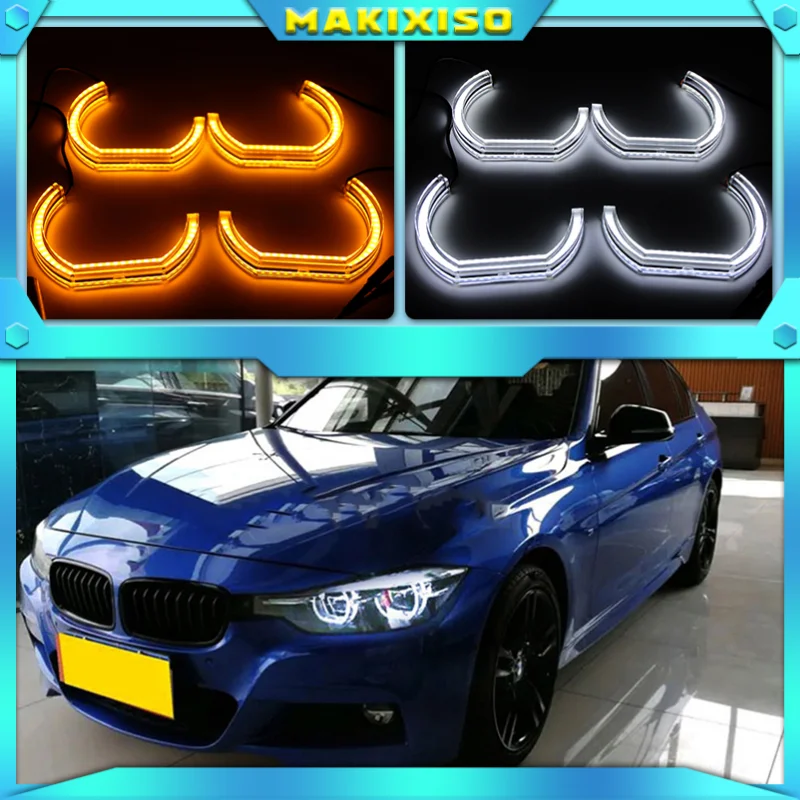 

For BMW E46 325i 325xi 330i 330xi with HID headlights 1999-2005 Crystal DTM Style LED Angel Eyes Light White and Yellow Turn