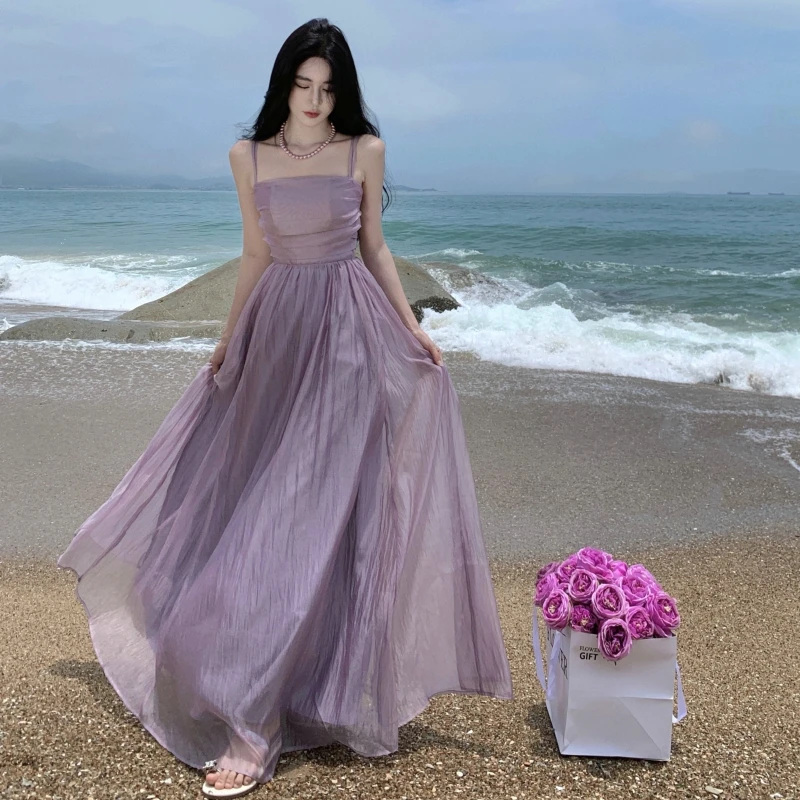 2024 Summer Purple Fairy Evening Party Long Dress Women Vintage Sexy Dresses Ladies Spaghetti Strap Tulle Pleated Dress Backless