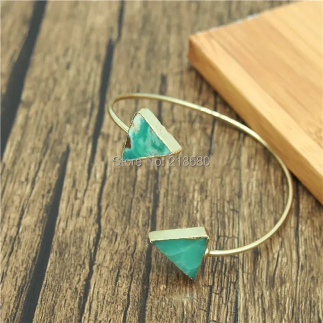 Double Triangle Chrysoprase Stone Bangle Bracelet Gold Color Cuff Women Bridesmaid Gift Boho Wedding Jewelry