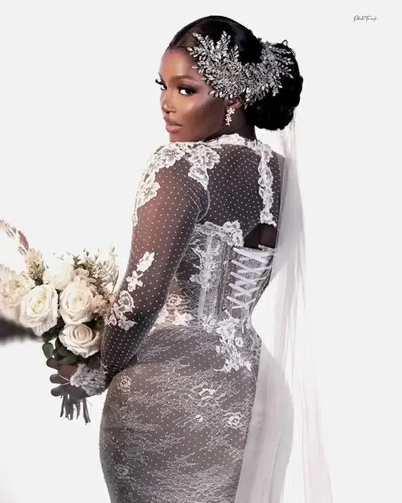 Robe De mariée sirène transparente en dentelle, personnalisée, modeste, col haut, manches longues, Corset au dos