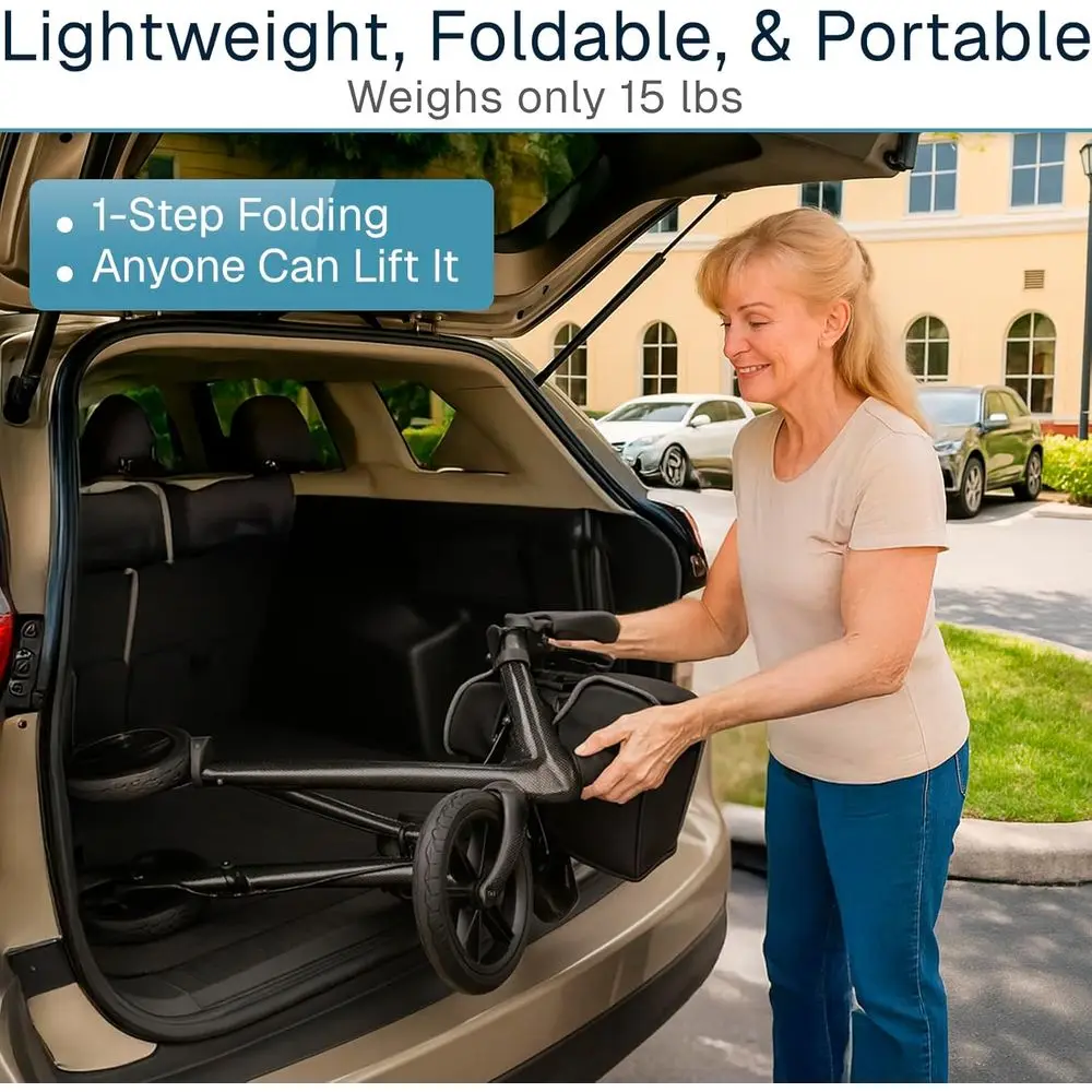 رولیتر من ألياف الكربون خفيف الوزن مع مقعد لكبار السن - قابل للطي، قابل للتعديل، مساعد على التنقل لجميع التضاريس، 300 رطلاً #3
