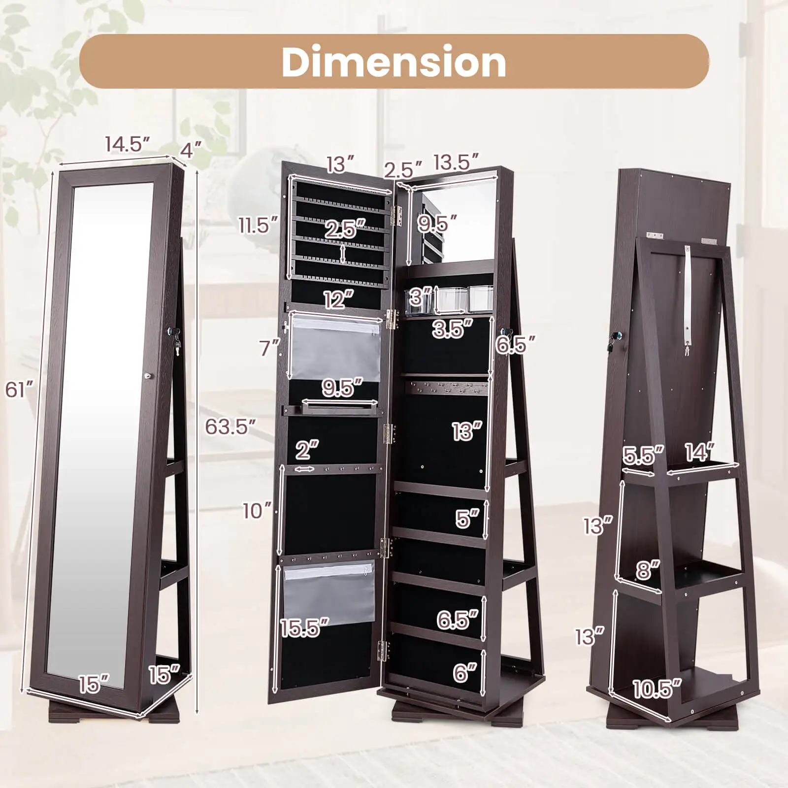 Costway 360° Rotatable Jewelry Cabinet Armoire 2-in-1 Lockable Mirrored