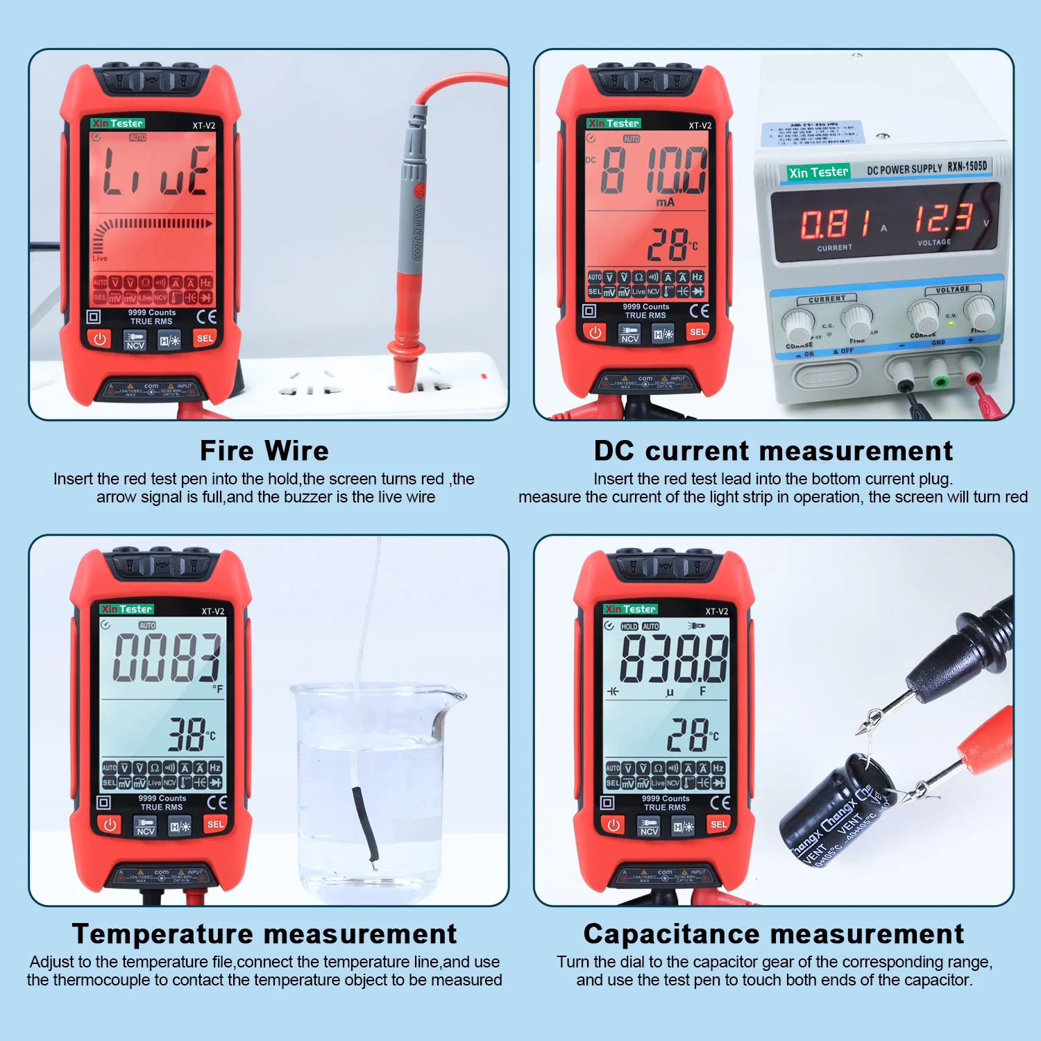 Xin Tester Auto range Digital Multimeter 9999 Counts TRMS AC DC Voltmeter amp NCV Resistance Capacitance Temp Transistor Tester