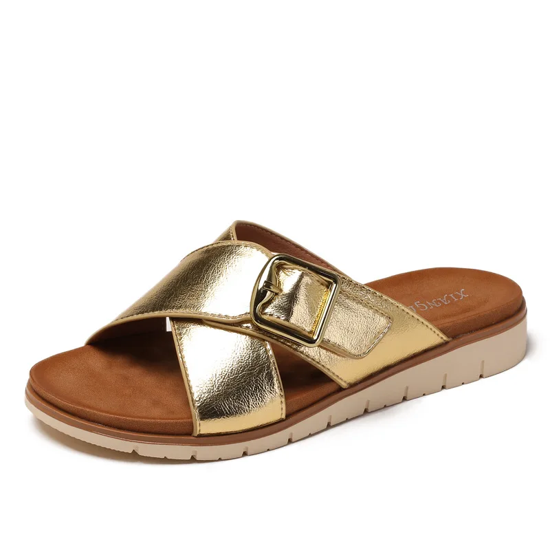 Gorasion Summer Flip Flops Women Outdoor Thick-soled Beach Sandals Simple FashionSquare Buckle Cross-strap One-shoulder Slippers