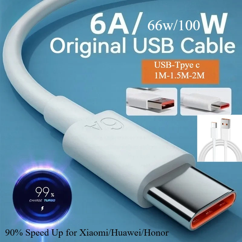 

66W 100W 6A Type-C Cable Super fast charging cables Phone Charger data cable for Original Xiaomi Huawei Honor Quick Charge Cable