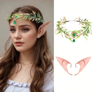 Retro Fairy Leaf Rhinestone Headband Elf Ears Woven Forest Garland Tiara Girl Elven Headpie for Role-playing Party Costume