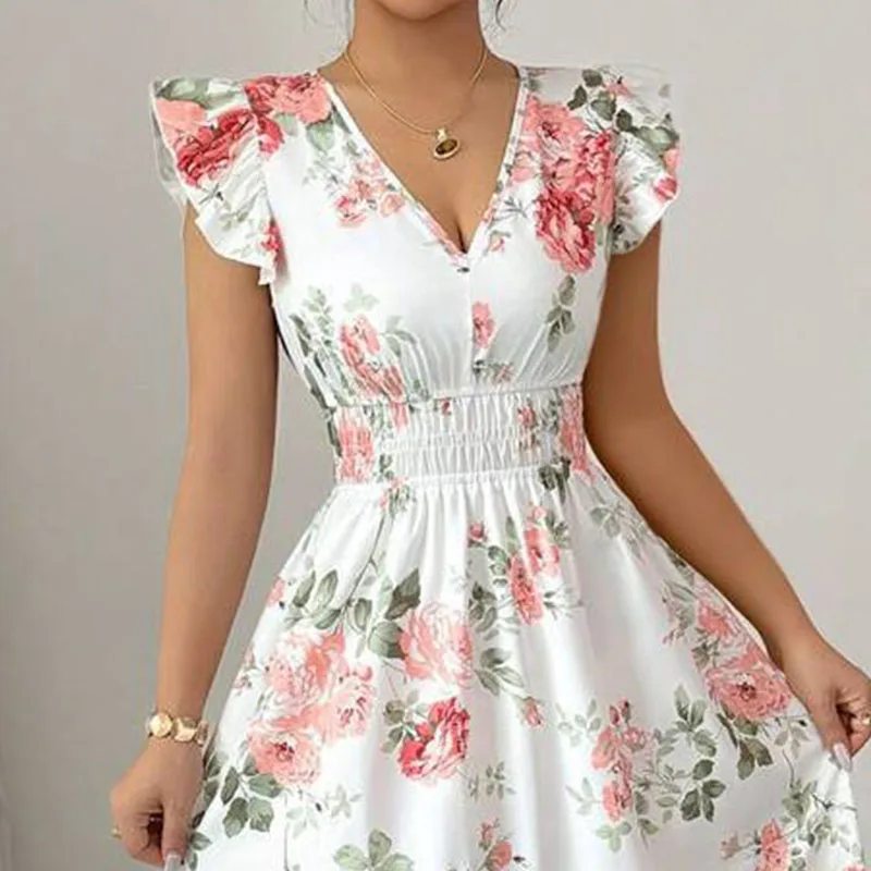 Elegante Boho Abito lungo da donna Sexy senza maniche con scollo a V Stampa floreale Orlo Gonna da spiaggia Vestito estivo Abiti da sera maxi Abiti