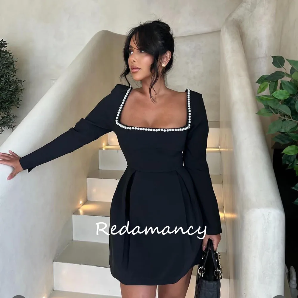 Redamancy Customized Elegant Pearl Square Neck Dress Women's Fashion Slim Long Sleeve Mini Dress Party Office Lady Dress