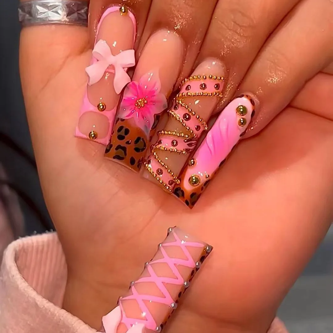 

24Pcs Long Square Head Nails Set Press on Leopard Print French Fake Nails 3D Bow Flower Pearl False Nails Reusable Manicure Tips