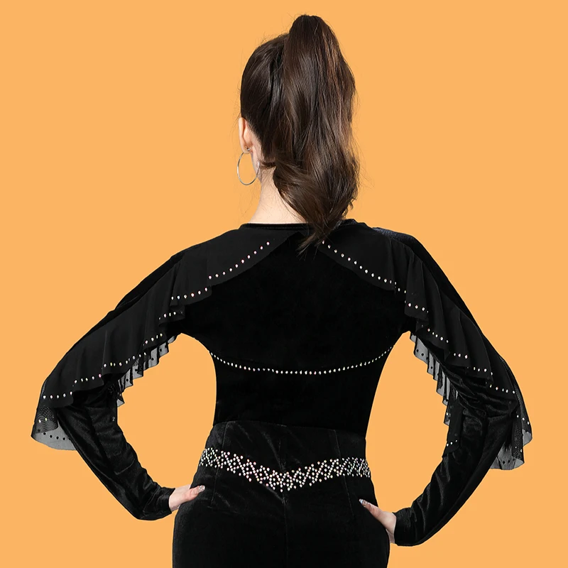Velvet Ballroom Dance Tops Adult ChaCha Rumba Latin Practice Wear Black/Red Rhinestone Tango Waltz Performance Costume YS4586
