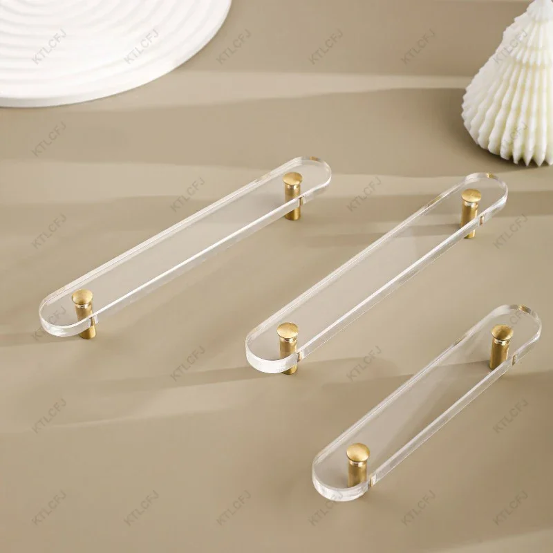 Maçaneta acrílica transparente moderna, punho de cristal high-end, ouro e acrílico gaveta, único furo, leve e luxo, 1pc, 96mm, 128mm