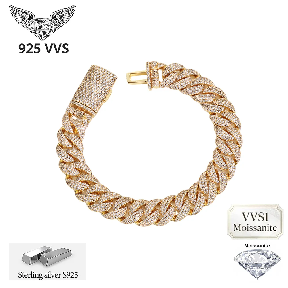 Fine Iced Out 925 Sterling Silver Cuban Link Bracelet Inlaid With Bling Rivieras in VVS1 Moissanite 18k Gold Plated Men Jewelry