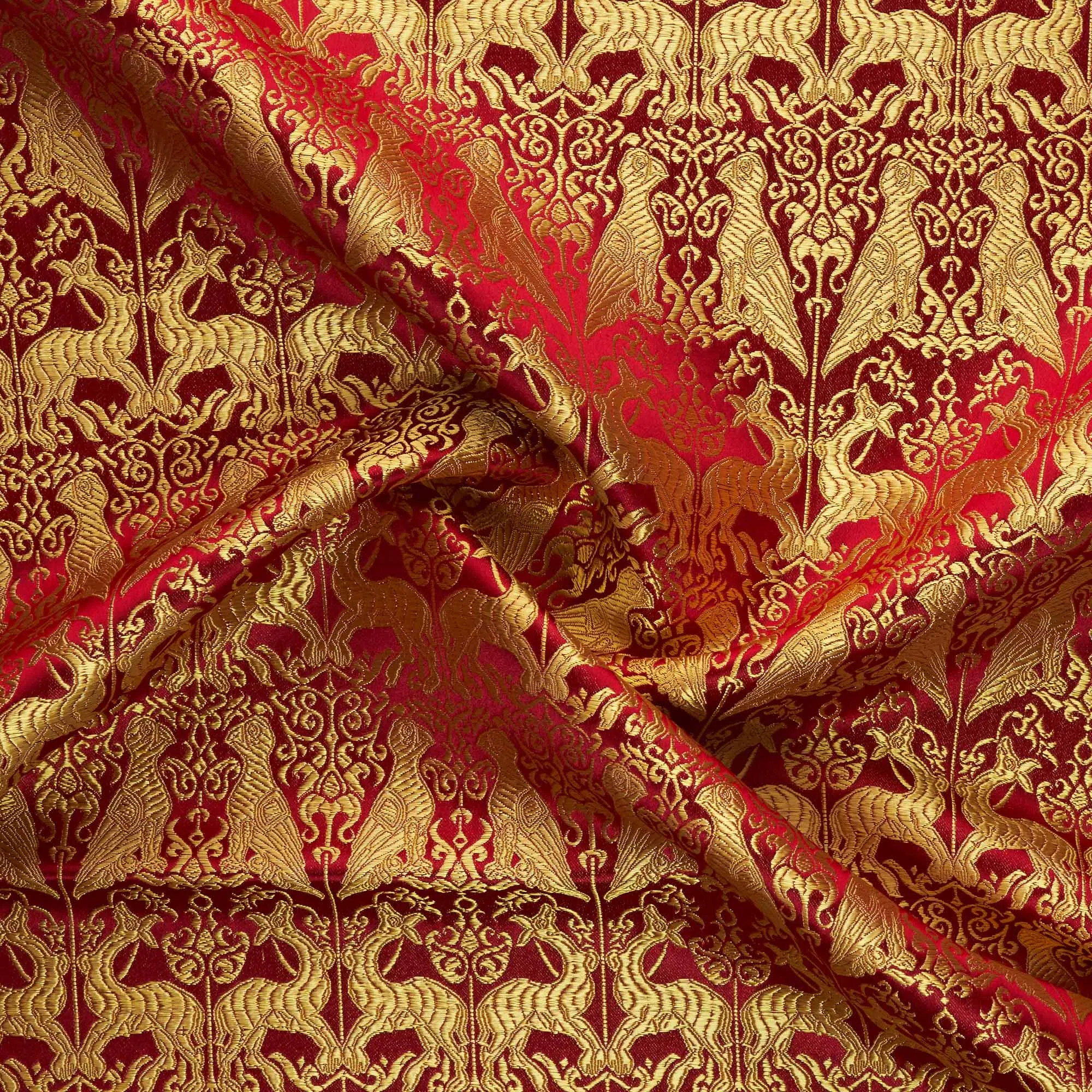 Red ground gold spirit bird  deer jacquard woven brocade Chinese style dress fabric