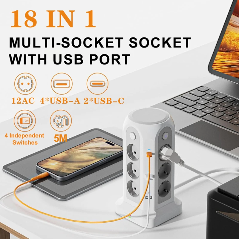 EU Plug Tower Power Strip with 4 Single Switches Multiple Vertical Sockets with Surge Protection 2M/5M Extension Cable view 3