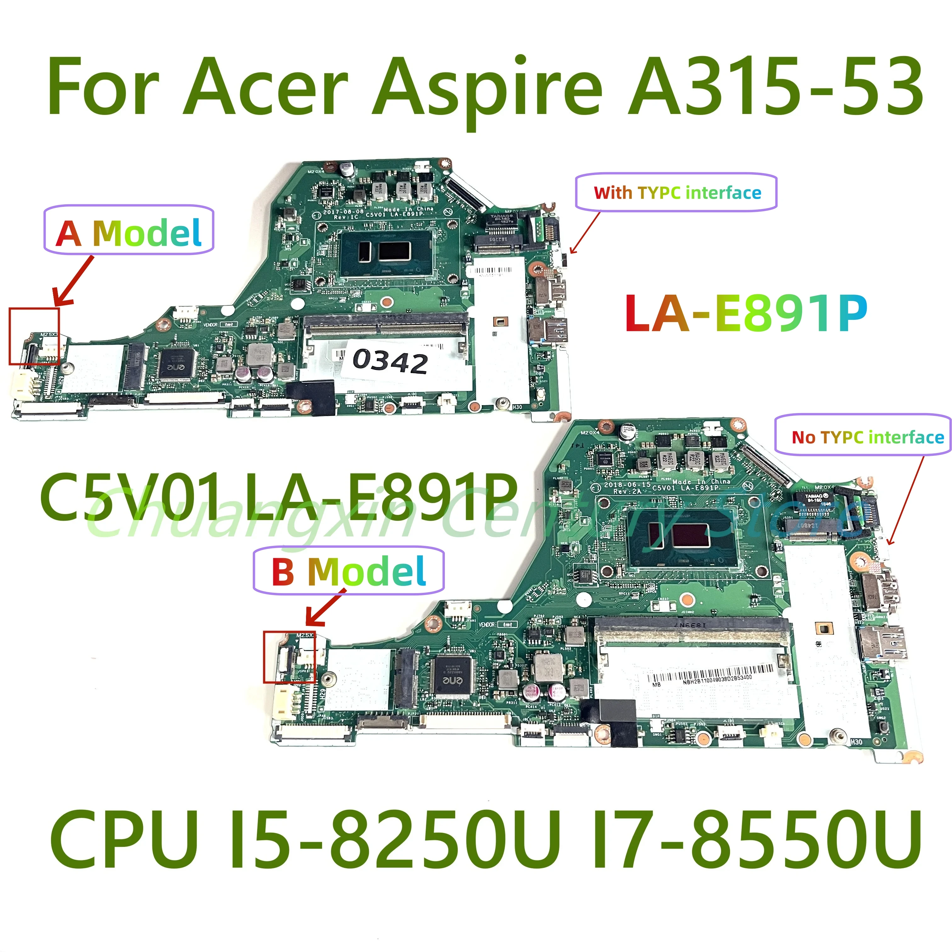 

LA-E891P B motherboard is suitable for Acer Aspire A315-53 laptops, with CPU I3 I5 I7-7TH/8TH 100% tested and shipped