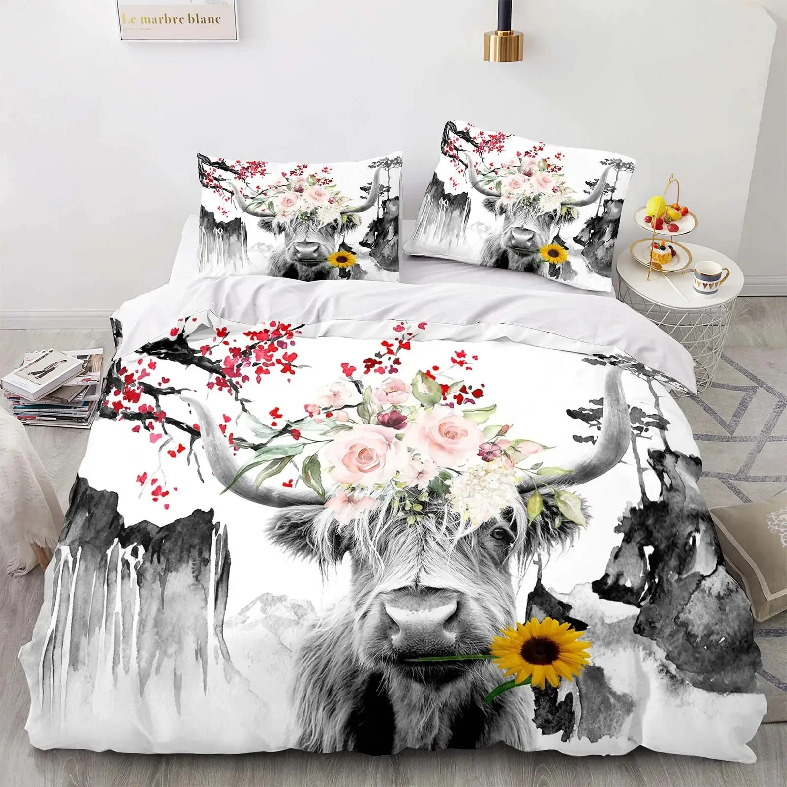 Highland cattle Animal Flower 3D Duvet Cover Bedding Set Comforter Linen Pillowcases Quilt Cover Home Decor Twin King Queen