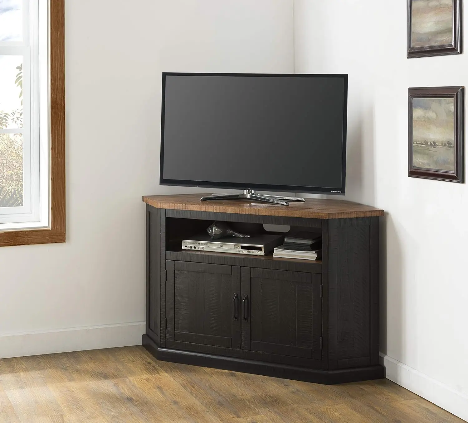 Home Rustic Corner TV Stand, Antique Black and Honey Tobacco