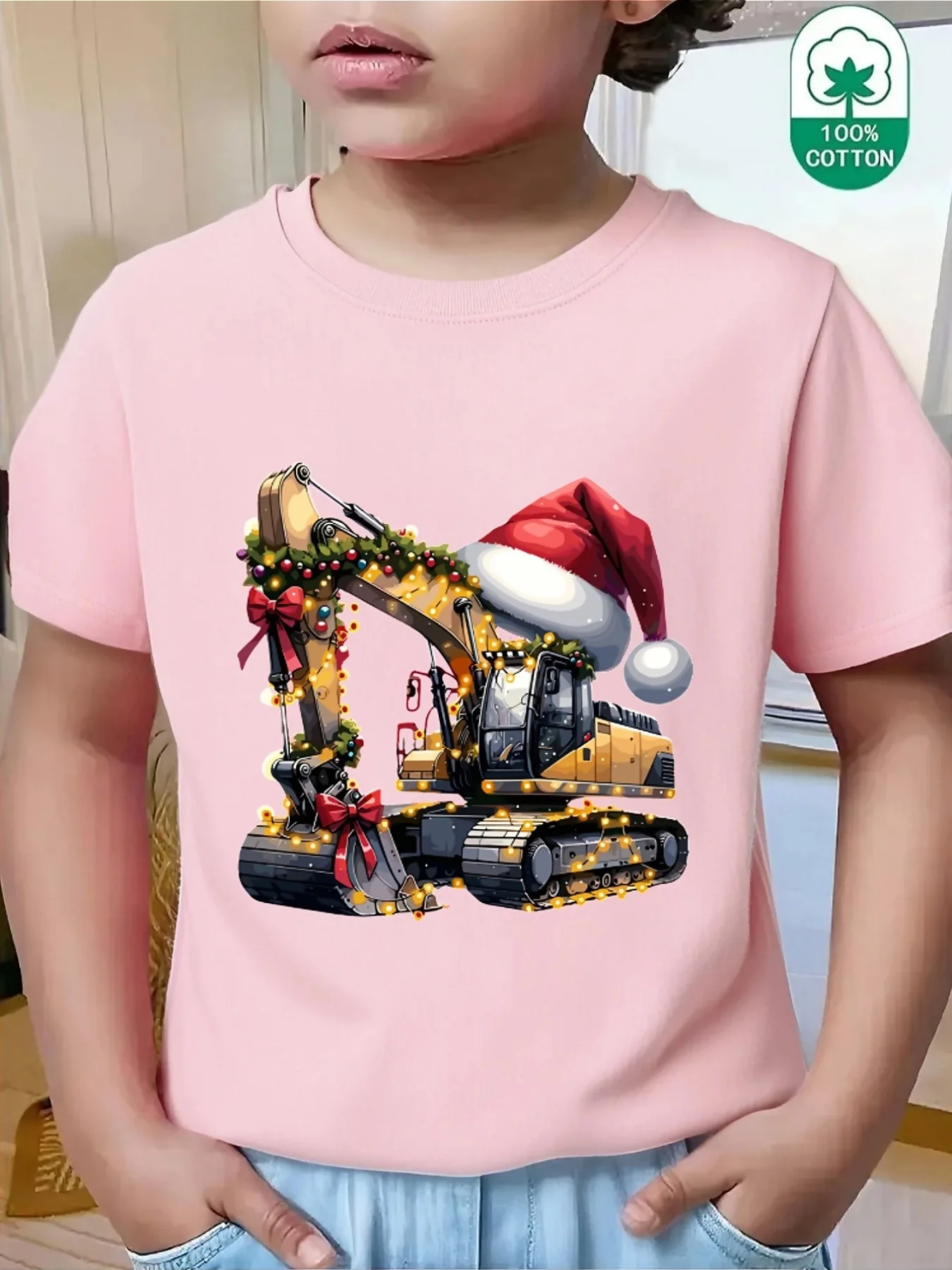 Christmas Excavator With Santa Hat Light Garland Graphic  Matching T Shirt Boys Girls Short Sleeve Summer Crew Neck Casual Tops