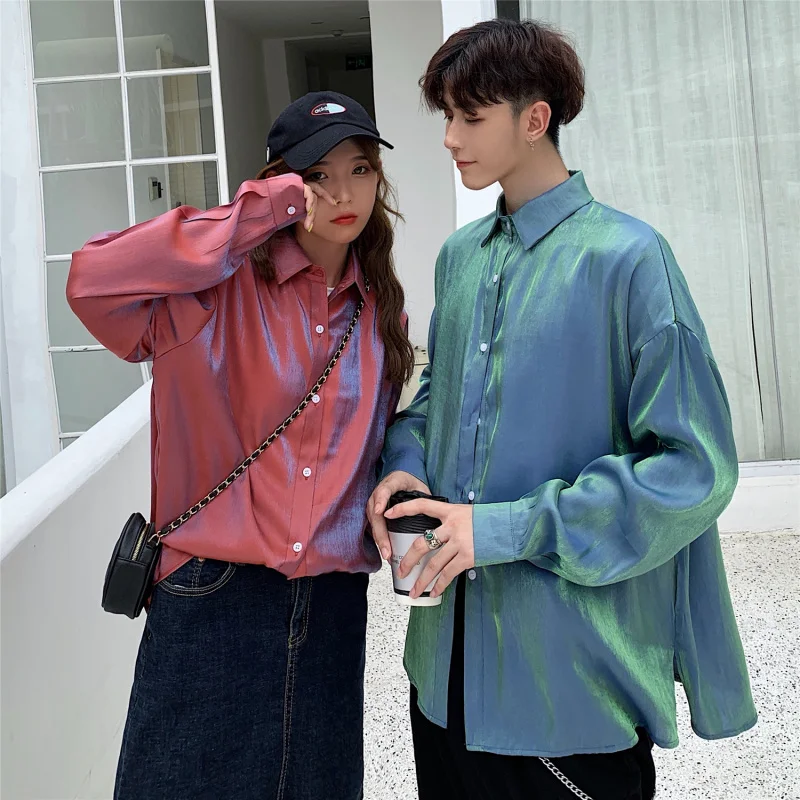 Men Colorful Shiny Long Sleeve Shirt Men Harajuku Oversized Silk Shirts Plus Size Spring Summer Fashion Reflective Lovers Blouse