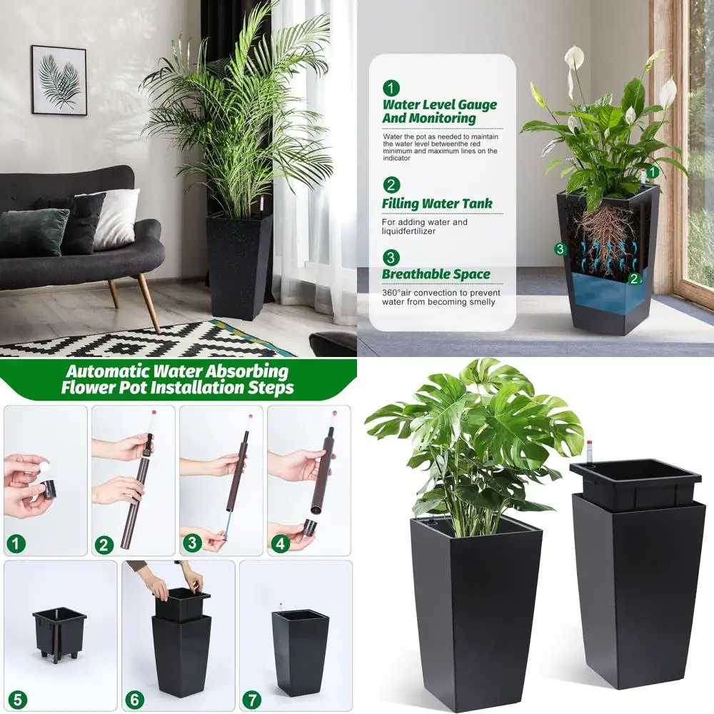 

Набор кашпо Garvee высотой 16 дюймов o 2, черные кашпо для улицы и помещения, кашпо для крыльца с дренажными отверстиями и водой