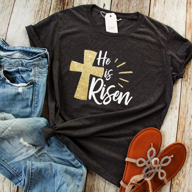 

He Is Risen Tshirt Easter 2022 Cross Tee Womens Christian Graphic Tees Women Harajuku Couple Clothes Print O-Neck