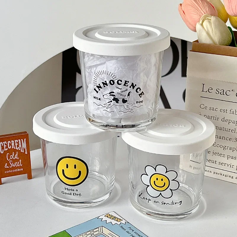 

Ins Style Glass Storage Container for Kitchen Refrigerator Overnight Oats Cup Juice Cold Drink Cup Transparent Glass Holder