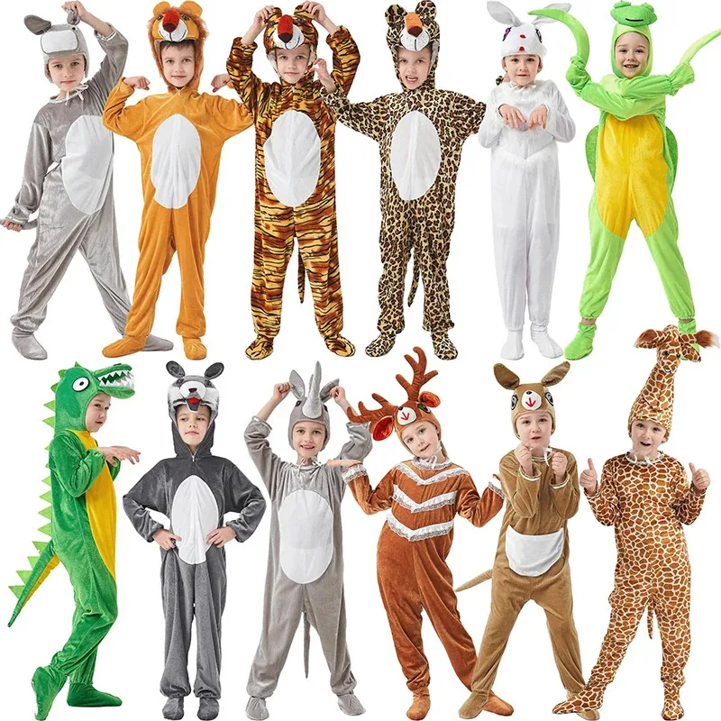 

qq28LQHalloween Kids Boys Girls Little Animals Jumpsuit Dinosaur Tiger Wolf Rabbit Giraffe Children Cosplay Suit Cartoon Animal