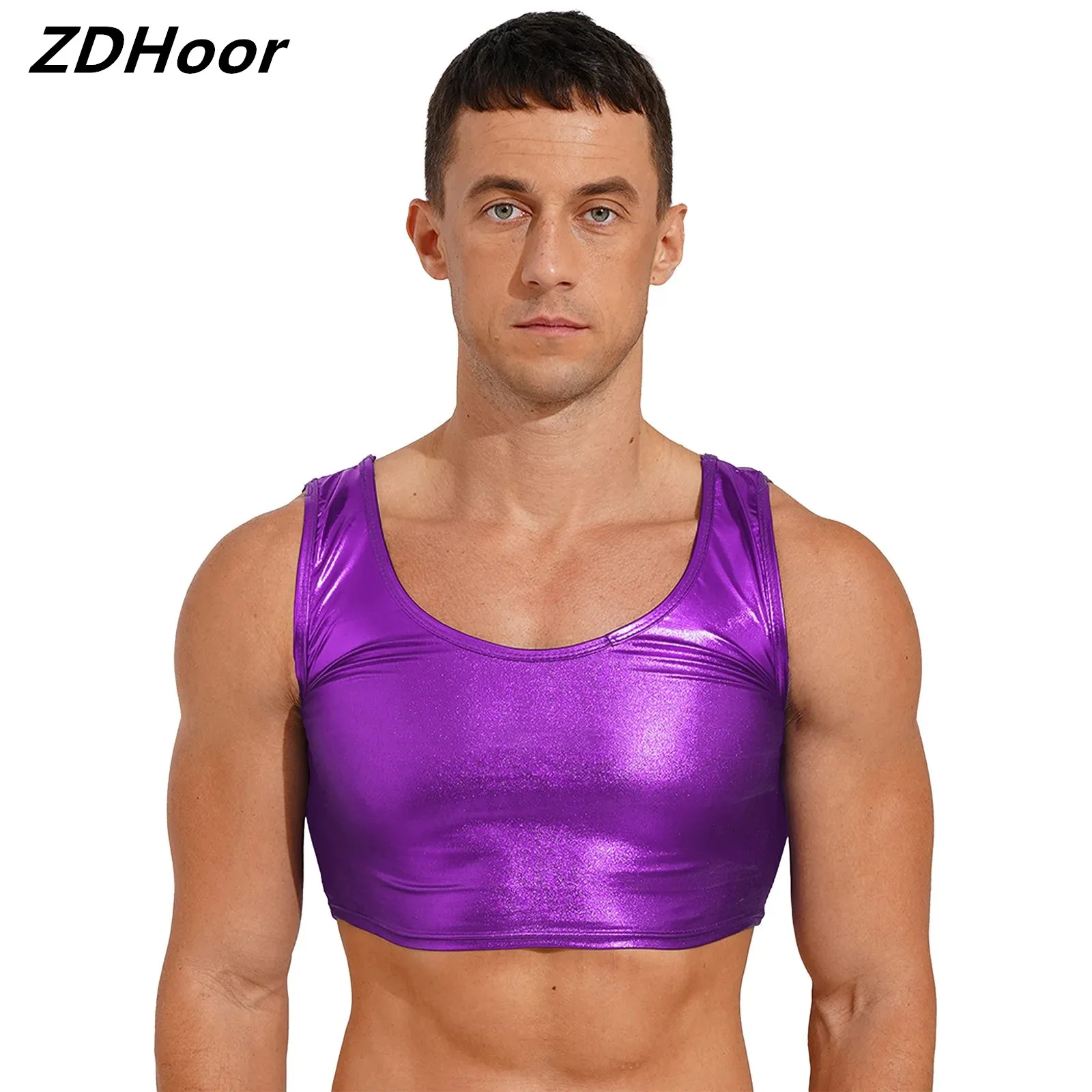 

Mens Fashion Shiny Metallic Scoop Neck Tank Crop Top Sleeveless Vest Tank Top Party Clubwear