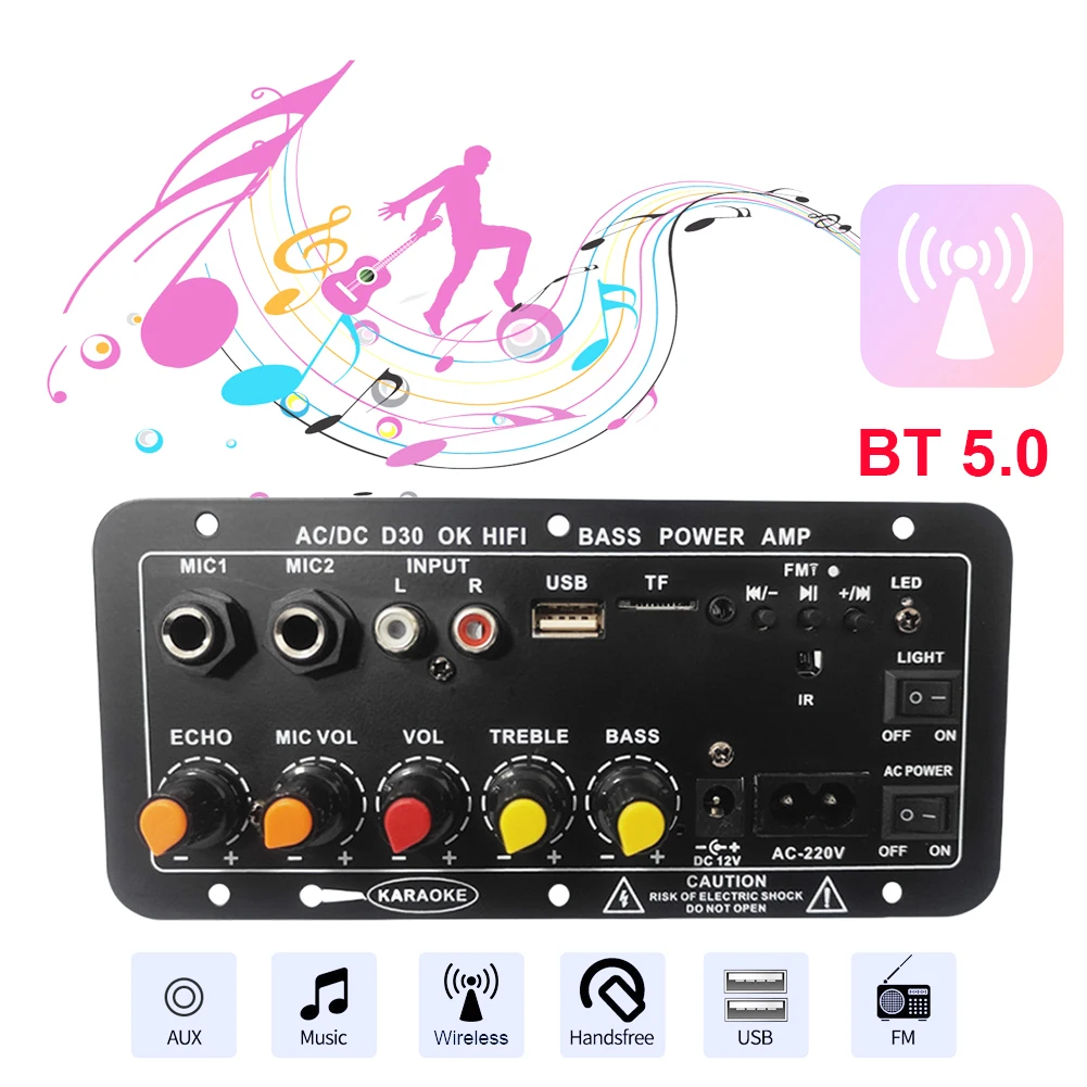 12V 220V Karaoke Amplifier Dual Microphone Bluetooth-Compatible Stereo Sound Amp Subwoofer Digital Stereo Amplifier Board TF USB