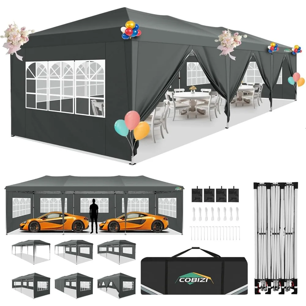 

10x30 Pop Up Canopy Tent with 8 Removable Sidewalls, with Carry Bag and 4 Sandbags (Grey, 10'x30'), Canopy