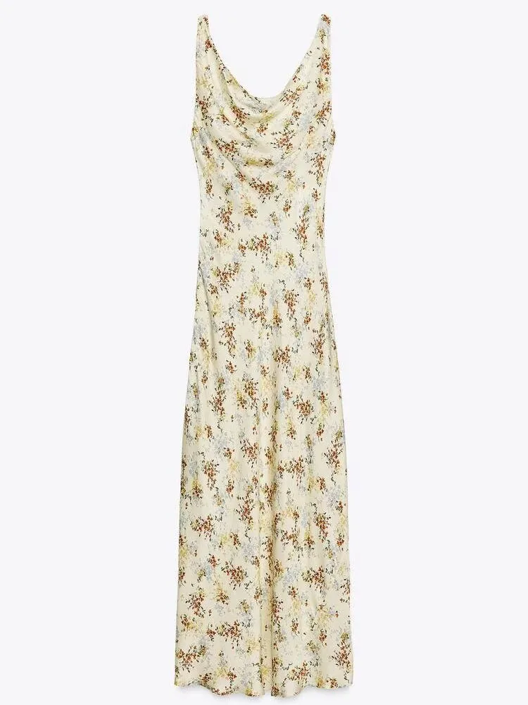 Vestido de cetim de seda estampado, sem mangas e costas nuas, estilo étnico, para mulheres, novidade de verão, ideal para pal...