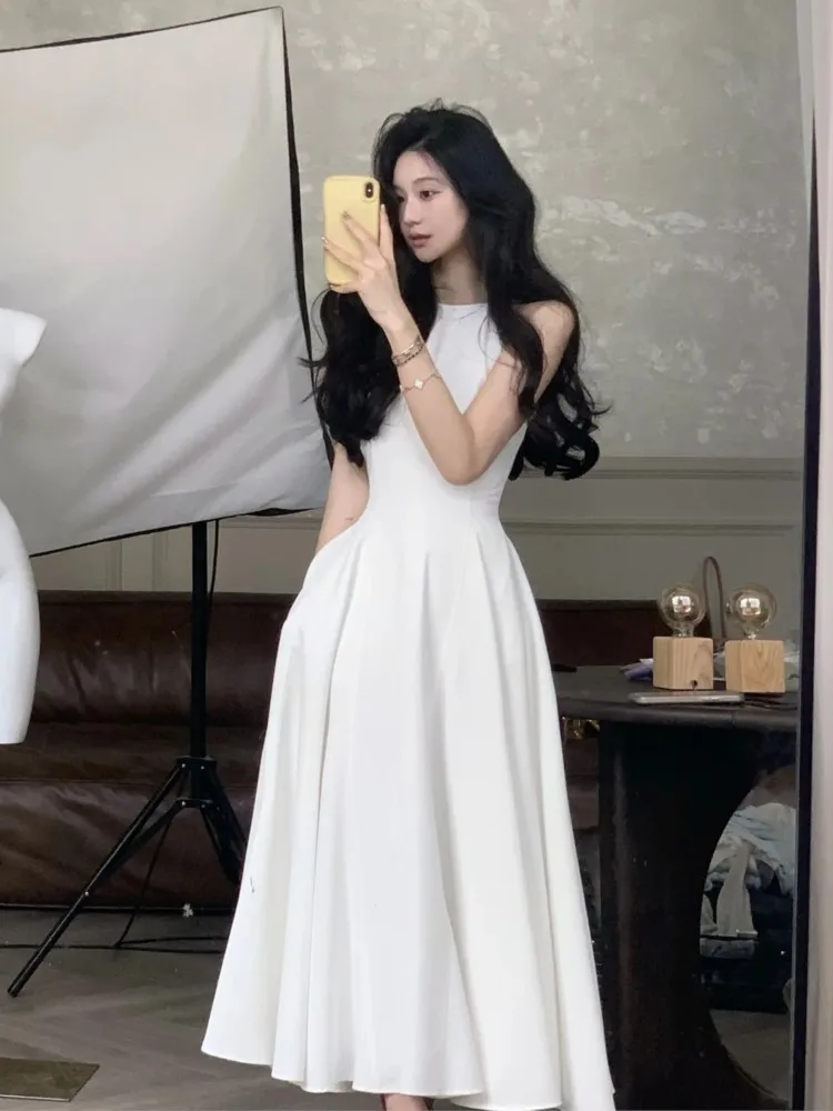 

Women Elegant White Evening Dress Fashion Sleeveless Solid Midi Dresses Korean Casual Chic Birthday Party Female Clothing Summer