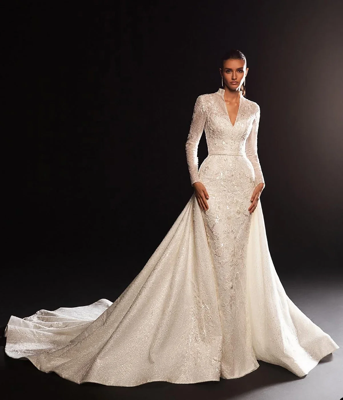 

Свадебные платья русалки с v-образным вырезом и длинными рукавами Vestido De Novia, кружевное платье с вышивкой и съемным шлейфом, свадебное платье на заказ