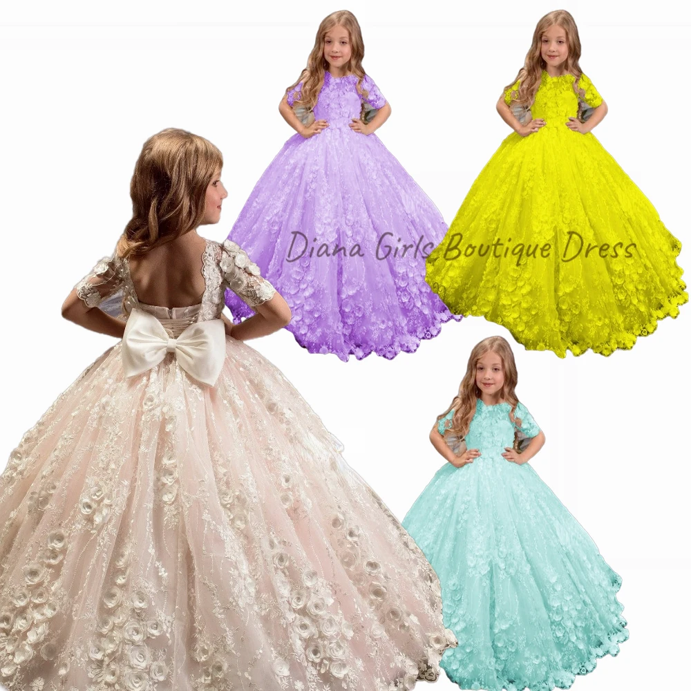 

Gorgeous High Quality Petal Decoration Flower Girl Dress Lovely for Wedding Dresses Party Short Sleeves Puffy Kids Birthday Gown