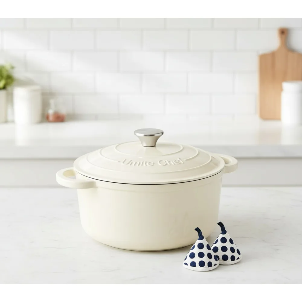 

5QT Эмалированная чугунная голландская духовка с крышкой и рукавицами — ровный нагрев для выпечки хлеба, раковины, обжарки