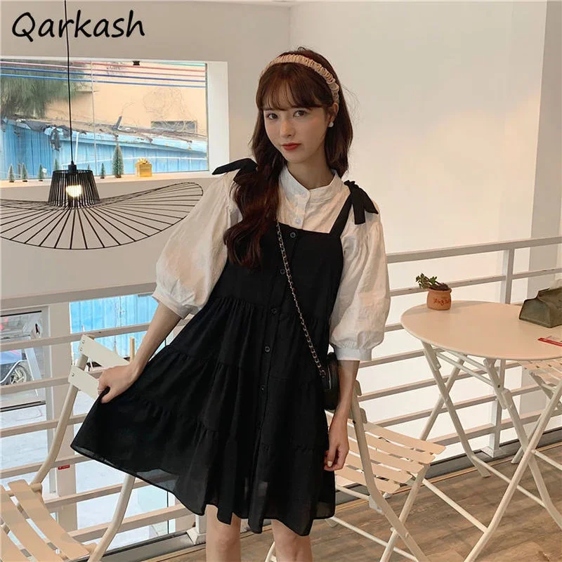 

Женские комплекты Рубашка с пышными рукавами Мини-бандажное платье Лето Kawaii Корейский стиль Милый студенческий дизайн Однотонный простой отдых Мягкий комплект из 2 предметов