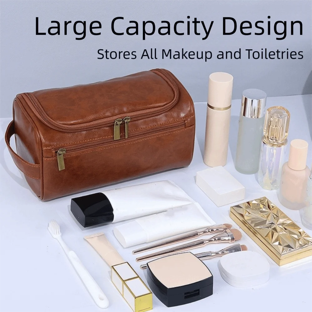 Retro PU Leather Men Toiletry Bag With Handle Waterproof Makeup Bag Large Capacity Handheld Cosmetic Storage Bag Women