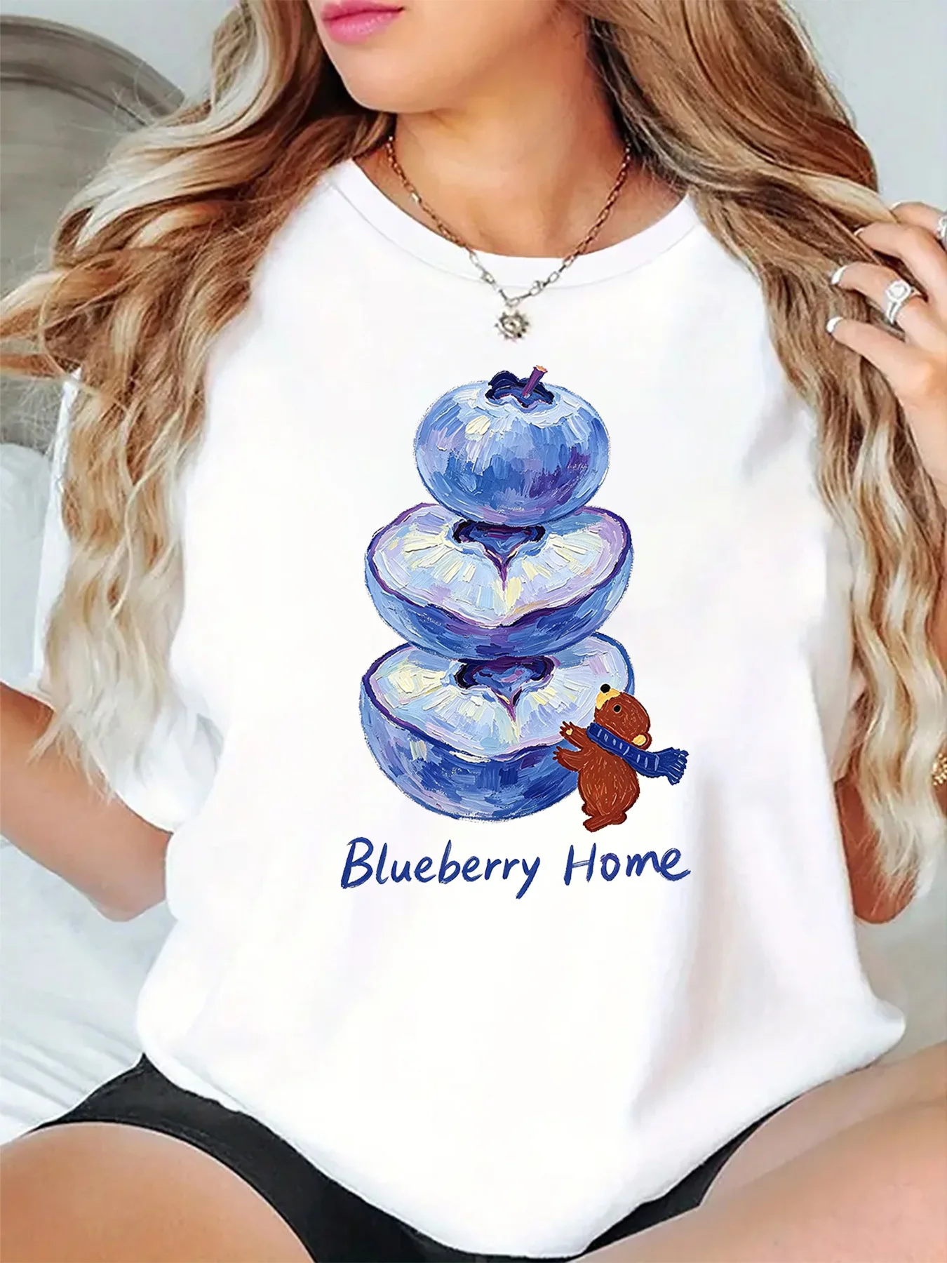 Blueberry Home Cute Bear Stacked Blueberry Watercolor Art Graphic Womens T Shirt Short Sleeve Crew Neck Casual Ladies Tee Tops