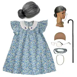 Girls Old Lady Costume Kit With Nightgown Wig Cane Other Halloween Cosplay Accessories