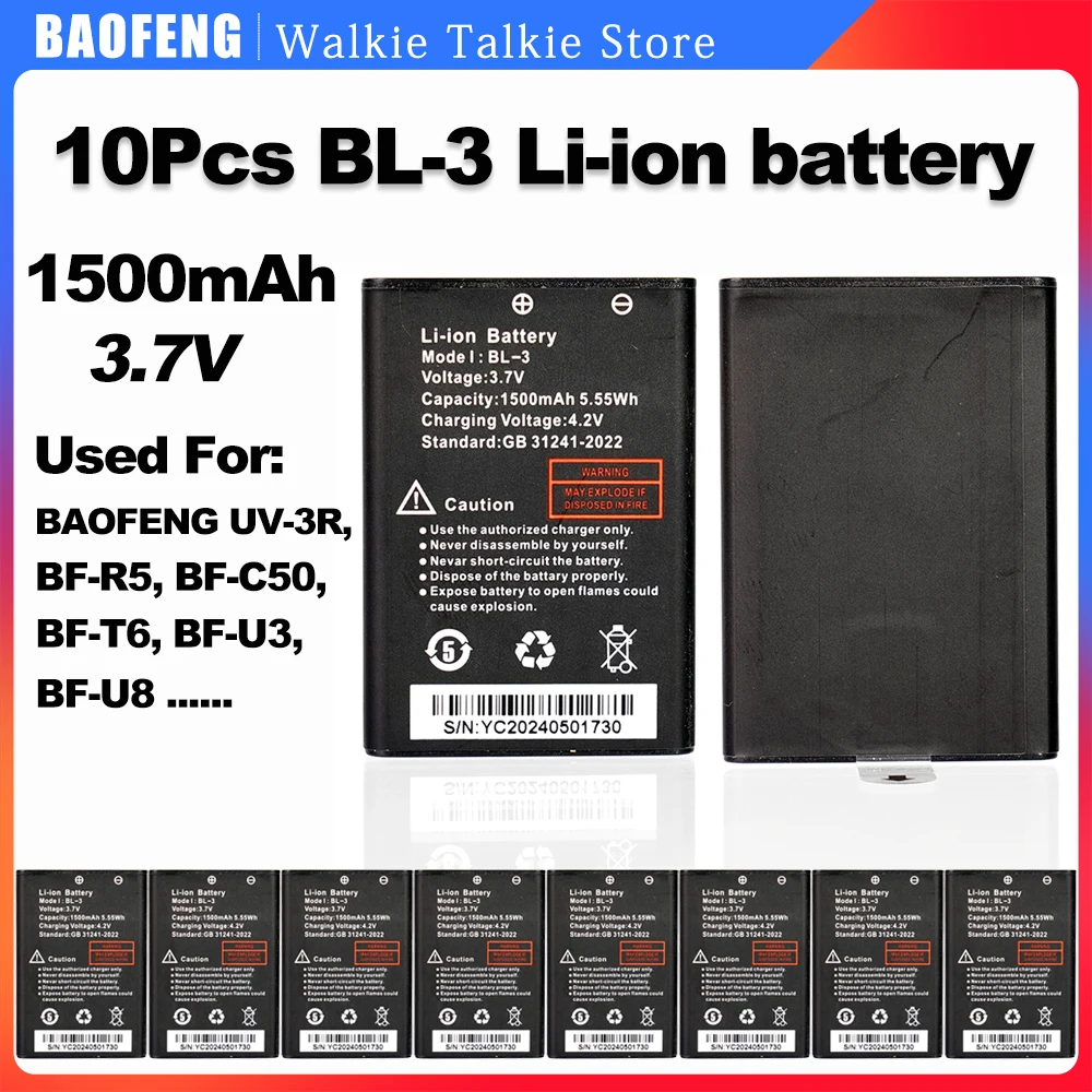 Baofeng-batería de iones de litio para walkie-talkie, piezas de 10 BL-3, 1500mAh, 3,7 V, para UV-3R/C50/T6/U3/U8, Radios bidireccionales, batería adicional