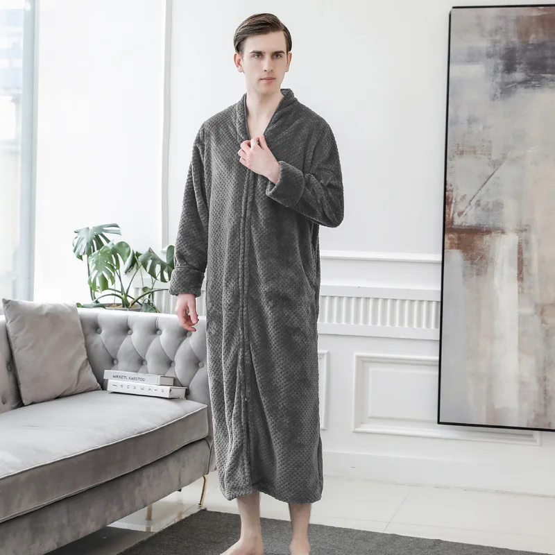 Flannel Bathrobe for Men Long Thick Absorbent Terry Bath Robe Kimono Men Towel Bathrobe Solid Sleepwear Women Dressing Gown