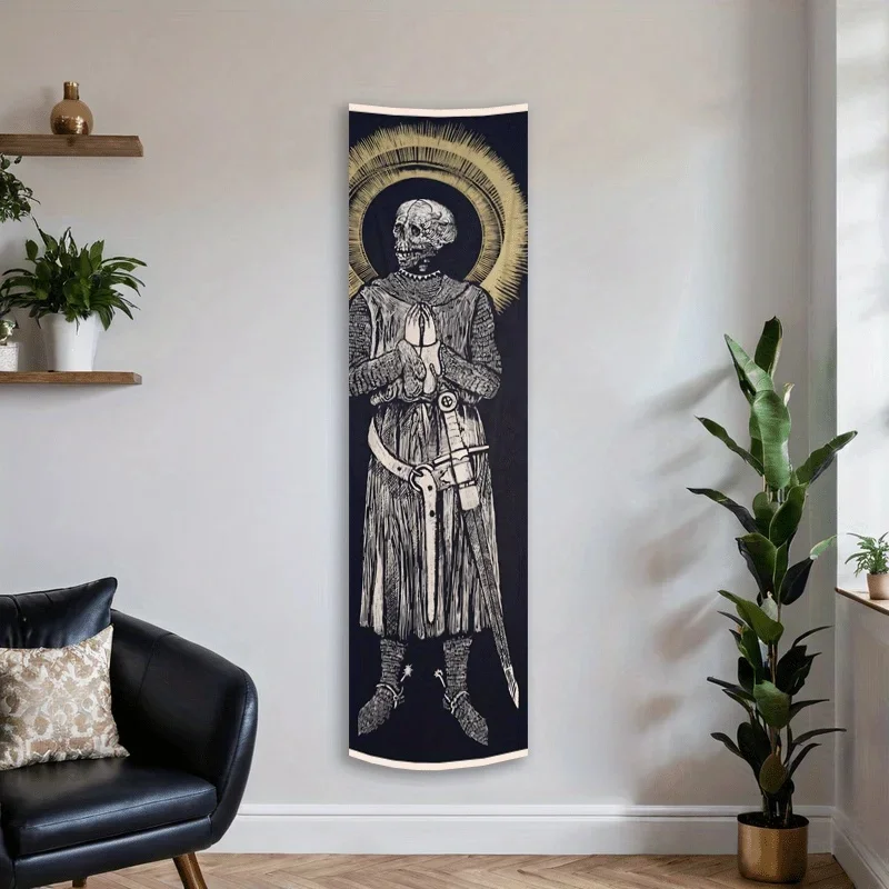 VIKAMA Gothic Skeleton Knight Tapestry, Golden Halo Medieval Warrior Vertical Wall Hanging, Dark Vintage Cloth Banner Room Decor