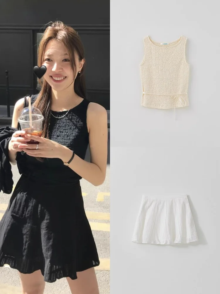 

Gentle Chic Pure Color Pleated Svel Vest Skirt Set Women's Faion Summer Outfit ort Sve round Ne Two-Piece Set