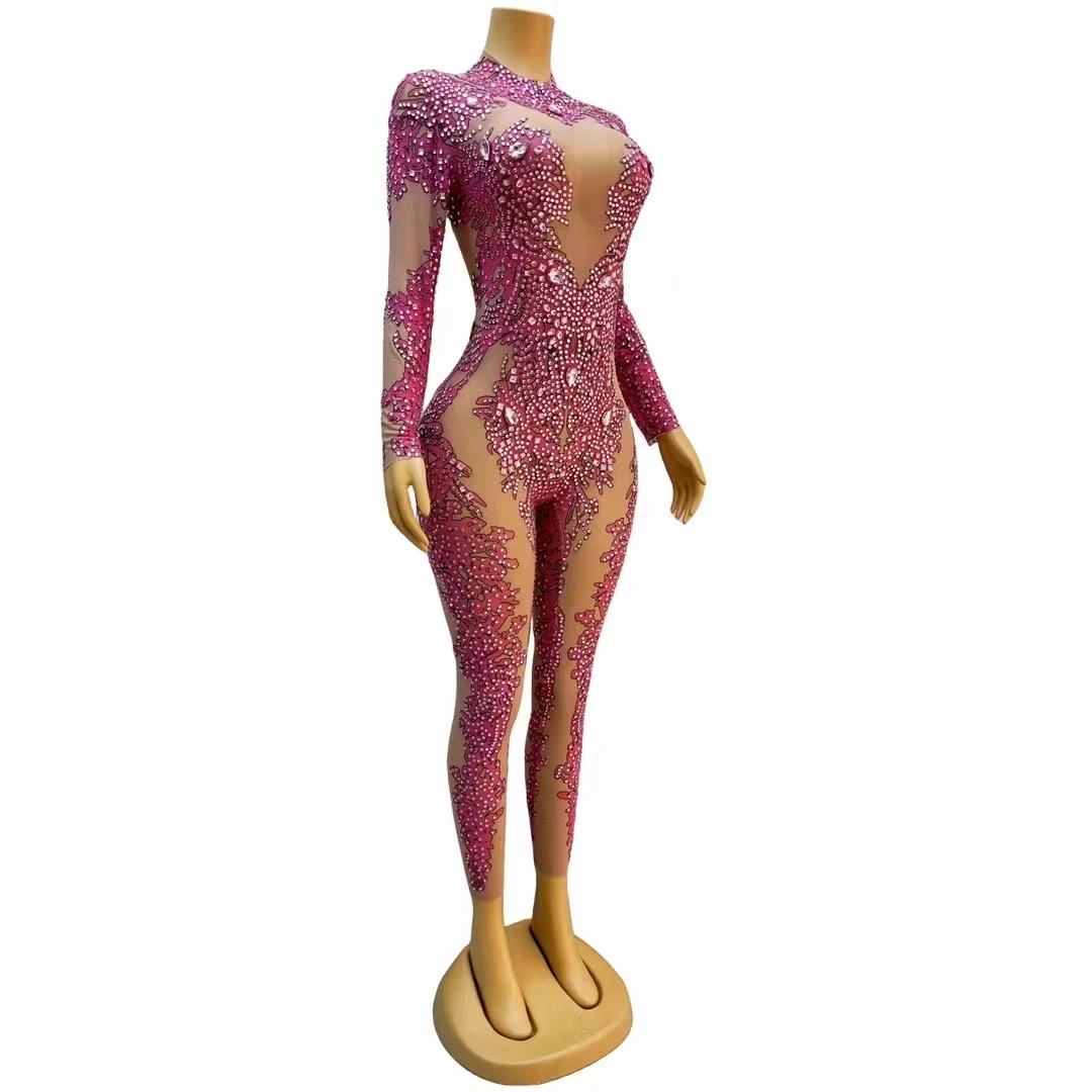 Combinaison imprimée strass rose, extensible, manches longues, maille, slim, justaucorps de Performance sur scène, collants en cristal, Costume de fête d'anniversaire