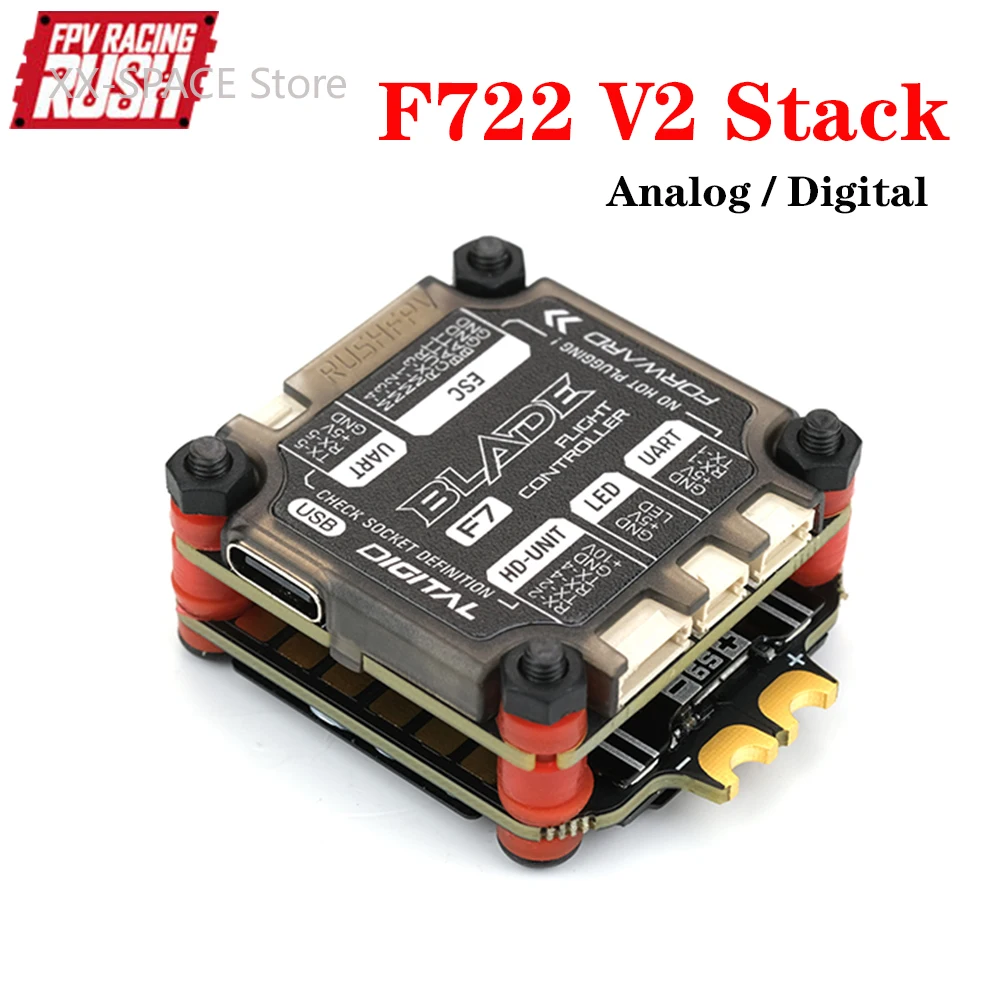 

RUSHFPV RUSH BLADE V2 F722 Analog / Digital Flight Controller Extreme 60A 128K BLHELI32 4in1 ESC Stack for RC FPV Racing Drone