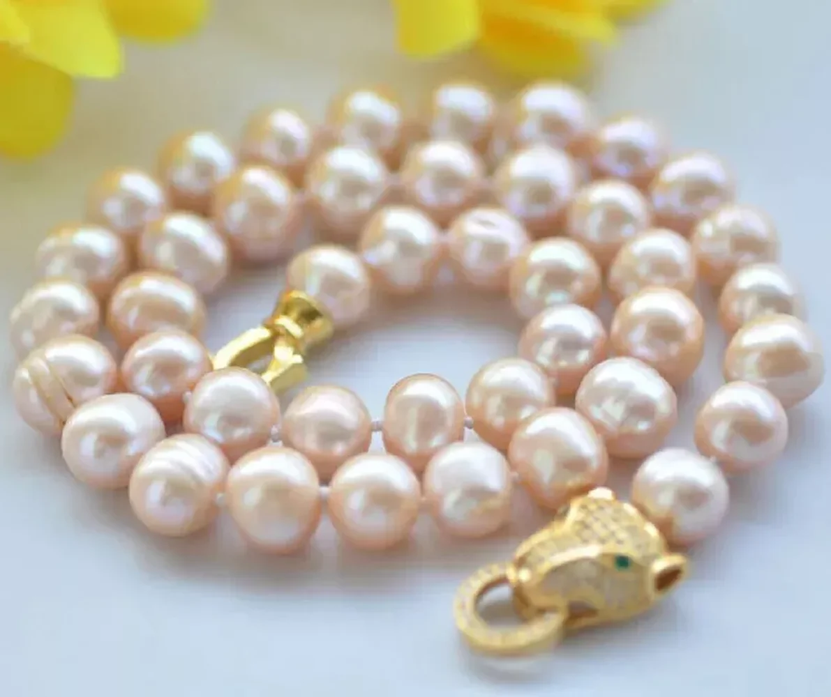 Gorgeous and Beautiful AAA 9-10mm Japanese Akoya Pink Round Pearl Leopard Necklace 925s 16/36inch