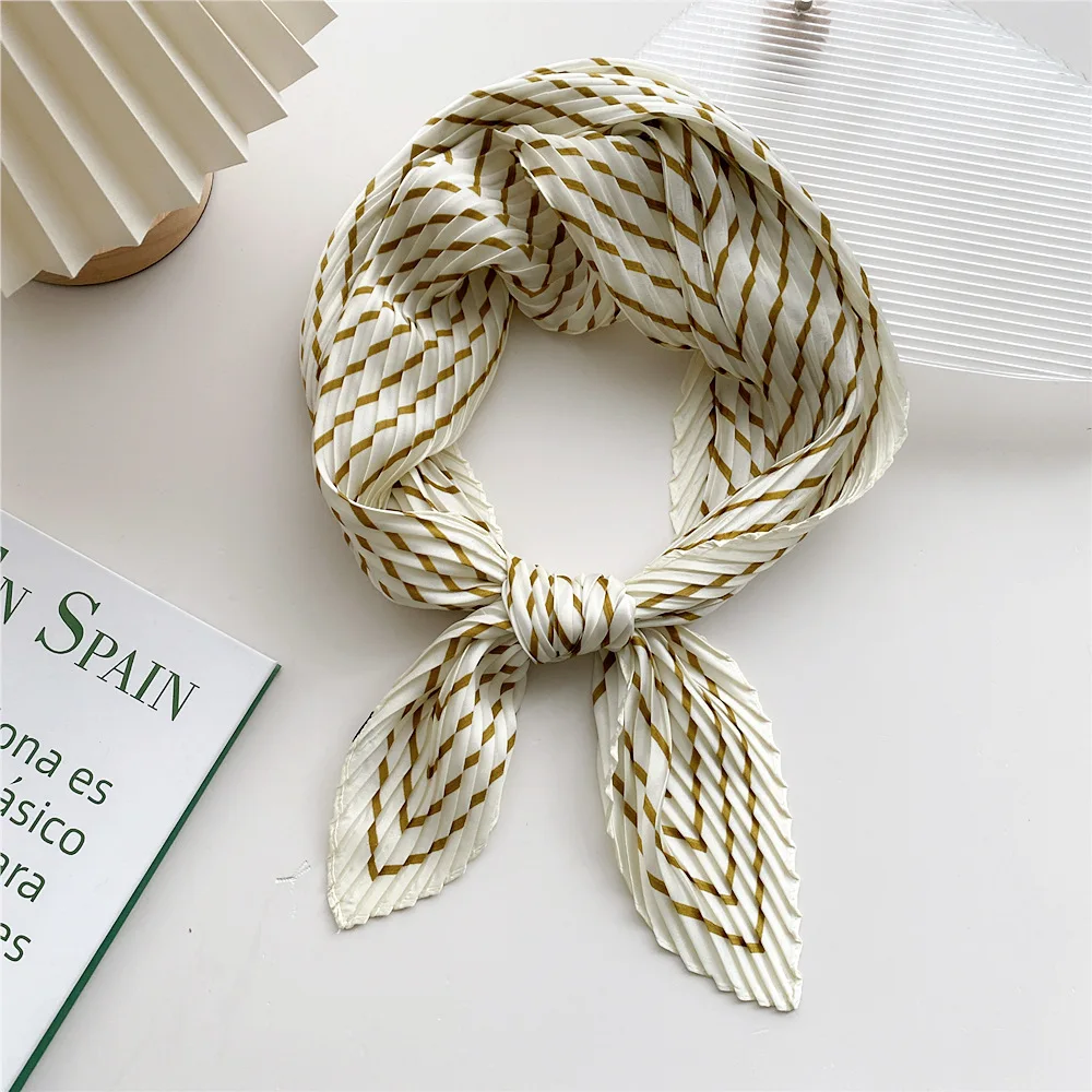 Elegant Striped 2022 New Square Crinkle Silk Satin Small Neck Scarf Women Fashion Crumple Neckwear Handkerchief Neck Décor