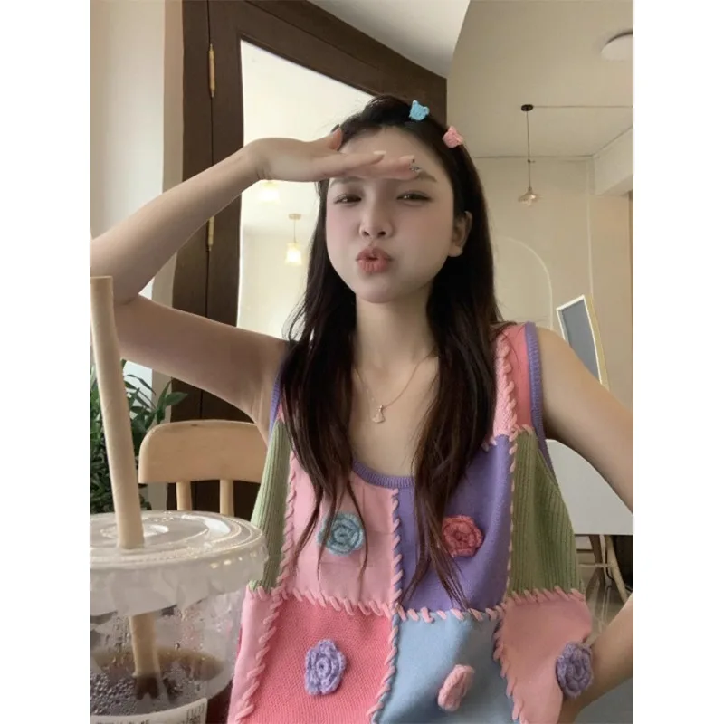 

Casual Camis Printed Patchwork Plaid Three-dimensional Flower Knitted Vest Square Neck Loose Casual Camisole Preppy Female Tops