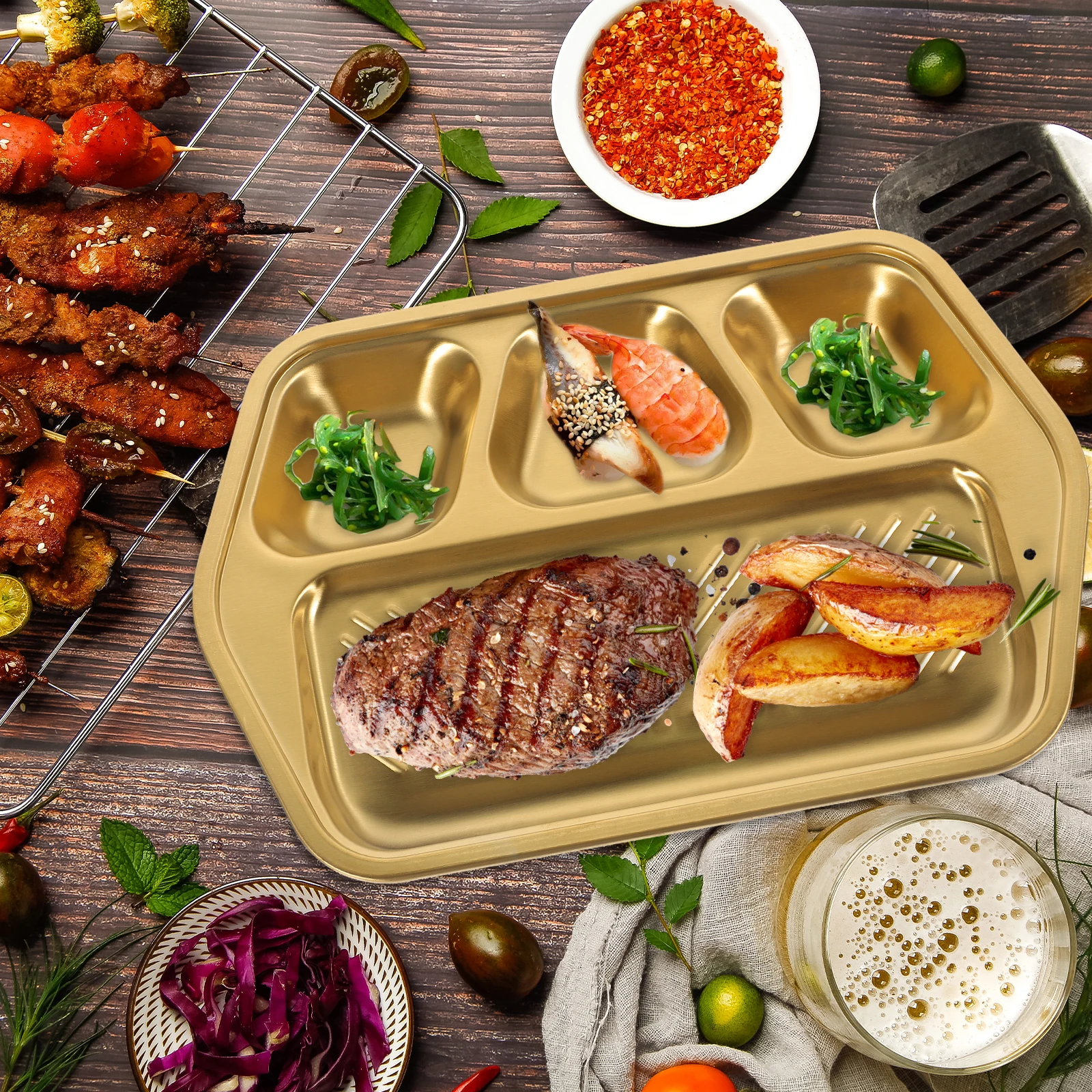 

Stainless Steel Dinner Plate Divided Plates Tray Meat for Grilling Separated Seasoning Western Barbecue Dessert