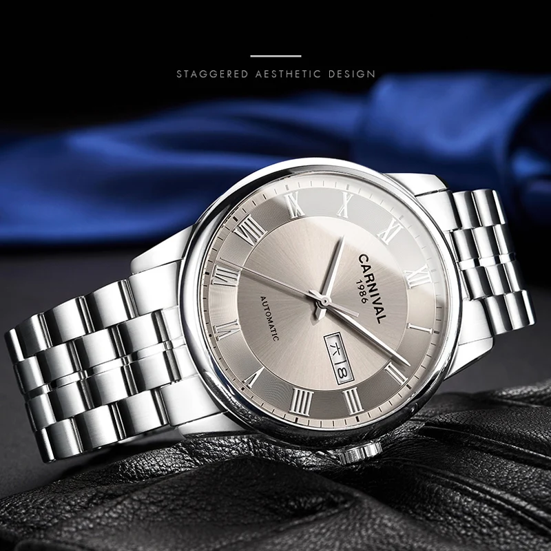 CARNIVAL Luxury Brand Gray Roman Dial Business Watches MIYOTA Automatic Mechanical Watch for Men 3ATM Waterproof Steel Reloj